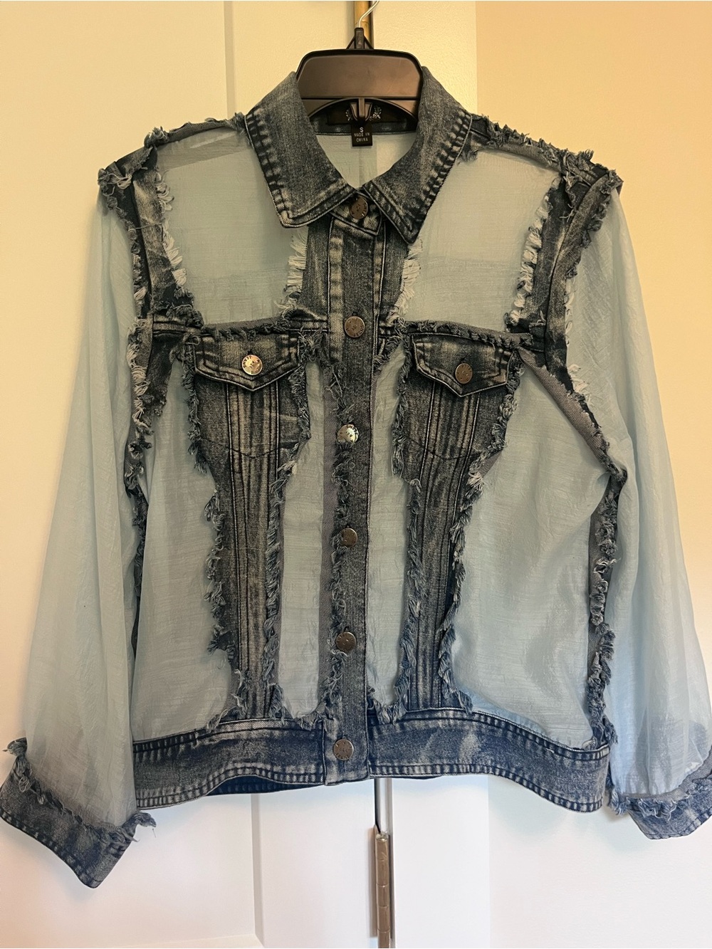 AZI Women’s Denim and Sheer Frayed Jean Jacket Small